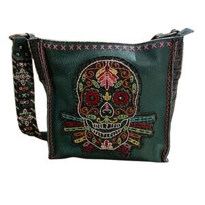 Delila Embroidered Green Skeleton Crossbody Leather Bag